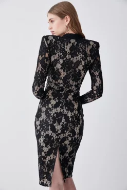 Cheapest 🛒 Karen Millen Lace V Neck Long Sleeve Midi 👗 Dress - black 🤩 -Occasionwear Popular Store bkk07670 black xl 2