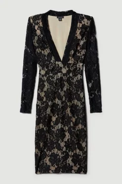 Cheapest 🛒 Karen Millen Lace V Neck Long Sleeve Midi 👗 Dress - black 🤩 -Occasionwear Popular Store bkk07670 black xl 3