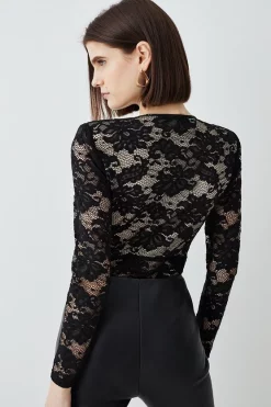 Best deal 😍 Karen Millen Lace V Neck Long Sleeve Bodysuit - black 👏 -Occasionwear Popular Store bkk07671 black xl 2