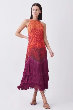 Budget 🤩 Karen Millen Petite Ombre Fringe Strappy Beaded Maxi 👗 Dress - orange ✔️