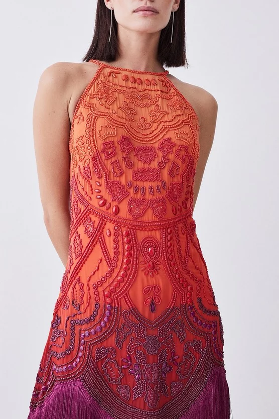 Budget 🤩 Karen Millen Petite Ombre Fringe Strappy Beaded Maxi 👗 Dress - orange ✔️ 4 Budget 🤩 Karen Millen Petite Ombre Fringe Strappy Beaded Maxi 👗 Dress - orange ✔️ - Image 2