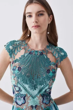 Hot Sale 🎉 Karen Millen Metallic Guipure Lace Mirrored Pleat Midi 👗 Dress - teal 💯 -Occasionwear Popular Store bkk07688 teal xl 4