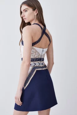 Budget 🎁 Karen Millen Geo Guipure Metallic Lace Woven Mini 👗 Dress - navy 😀 -Occasionwear Popular Store bkk07689 navy xl 2