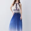 New 💯 Karen Millen Geo Guipure Metallic Woven Pleat Midi - blue ✔️ -Occasionwear Popular Store bkk07690 blue xl
