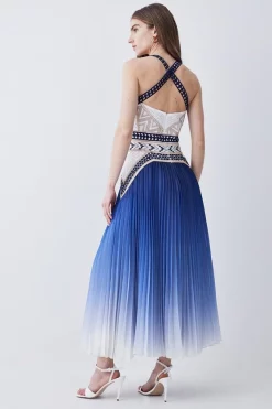 New 💯 Karen Millen Geo Guipure Metallic Woven Pleat Midi - blue ✔️ -Occasionwear Popular Store bkk07690 blue xl 2