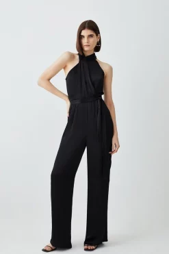 Discount ❤️ Karen Millen Satin Halter Neck Woven Jumpsuit - black ⌛