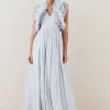 Deals 👏 Karen Millen Lydia Millen Petite Metallic Feather Ruffle Woven Maxi 👗 Dress - metallic silver 🎁 -Occasionwear Popular Store bkk07711 metallic20silver xl