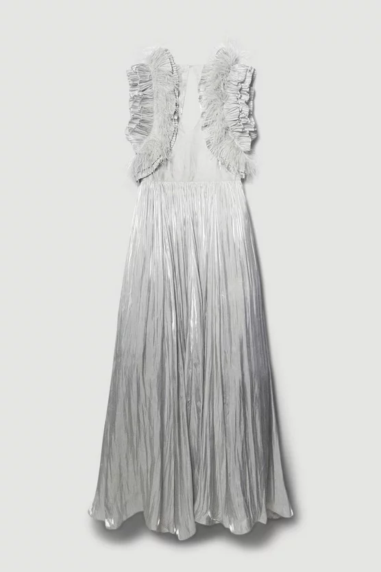 Deals ๐ Karen Millen Lydia Millen Petite Metallic Feather Ruffle Woven Maxi ๐ Dress - metallic silver ๐ 6 Deals ๐ Karen Millen Lydia Millen Petite Metallic Feather Ruffle Woven Maxi ๐ Dress - metallic silver ๐ - Image 4