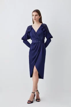 Best Pirce 🛒 Karen Millen Satin And Lace Ruffle Woven Midi 👗 Dress 🔥