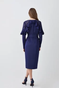 Best Pirce 🛒 Karen Millen Satin And Lace Ruffle Woven Midi 👗 Dress 🔥 -Occasionwear Popular Store bkk07718 blue xl 2