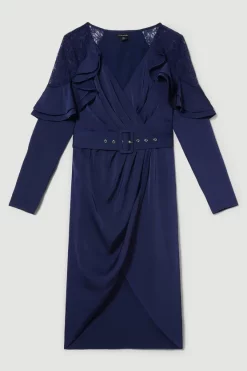 Best Pirce 🛒 Karen Millen Satin And Lace Ruffle Woven Midi 👗 Dress 🔥 -Occasionwear Popular Store bkk07718 blue xl 3