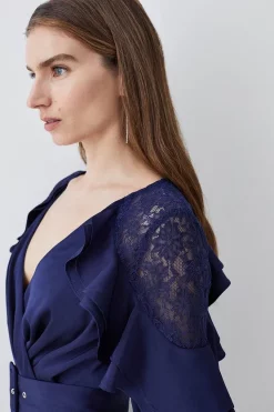 Best Pirce 🛒 Karen Millen Satin And Lace Ruffle Woven Midi 👗 Dress 🔥 -Occasionwear Popular Store bkk07718 blue xl 4