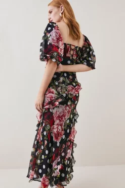 Cheapest 🎁 Karen Millen Petite Spot Floral Chiffon Square Neck Ruffle Maxi 👗 Dress - multi 👏 -Occasionwear Popular Store bkk07737 multi xl 2