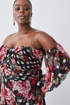 Wholesale ✔️ Karen Millen Plus Size Spot Floral Chiffon Bardot Wide Leg Jumpsuit - multi 🎉 -Occasionwear Popular Store bkk07739 multi xl 1