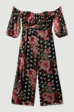 Wholesale ✔️ Karen Millen Plus Size Spot Floral Chiffon Bardot Wide Leg Jumpsuit - multi 🎉 -Occasionwear Popular Store bkk07739 multi xl 3