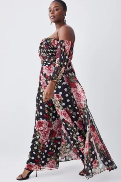 Wholesale ✔️ Karen Millen Plus Size Spot Floral Chiffon Bardot Wide Leg Jumpsuit - multi 🎉 -Occasionwear Popular Store bkk07739 multi xl 4