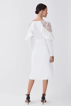 Best deal 🌟 Karen Millen Petite Satin And Lace Ruffle Woven Midi 👗 Dress - white 🥰 -Occasionwear Popular Store bkk07766 white xl 2