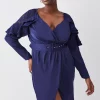 Hot Sale ❤️ Karen Millen Plus Size Satin And Lace Ruffle Woven Midi 👗 Dress - blue 🎁 -Occasionwear Popular Store bkk07767 blue xl