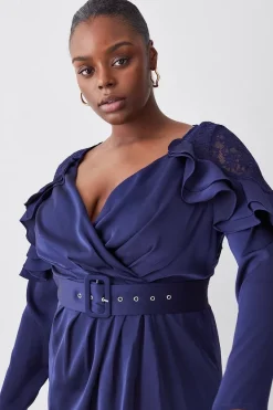 Hot Sale ❤️ Karen Millen Plus Size Satin And Lace Ruffle Woven Midi 👗 Dress - blue 🎁 -Occasionwear Popular Store bkk07767 blue xl 4