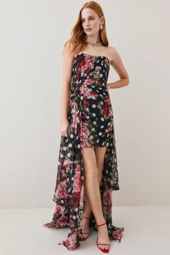 Best Sale 🥰 Karen Millen Spot Floral Chiffon Drama Hem Mini 👗 Dress - multi 👍