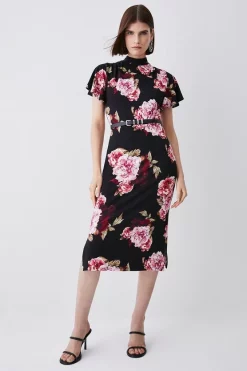 Outlet 🎉 Karen Millen Belted Viscose Blend Angel Sleeve Jersey Midi 👗 Dress 👏