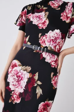 Outlet 🎉 Karen Millen Belted Viscose Blend Angel Sleeve Jersey Midi 👗 Dress 👏 -Occasionwear Popular Store bkk07871 floral xl 2
