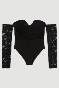 Cheapest 👏 Karen Millen Lace Plunge Ponte Long Sleeve Belted Bodysuit - black 😉 -Occasionwear Popular Store bkk07873 black xl 3