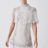 New 🛒 Karen Millen Petite Pearl Embellished Fringed Woven Mini 👗 Dress - ivory ⭐ -Occasionwear Popular Store bkk07885 ivory xl