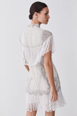 New 🛒 Karen Millen Petite Pearl Embellished Fringed Woven Mini 👗 Dress - ivory ⭐ -Occasionwear Popular Store bkk07885 ivory xl 2