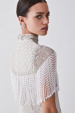 New 🛒 Karen Millen Petite Pearl Embellished Fringed Woven Mini 👗 Dress - ivory ⭐ -Occasionwear Popular Store bkk07885 ivory xl 4