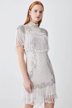 Best Pirce π Karen Millen Pearl Embellished Fringed Woven Mini π Dress - ivory β