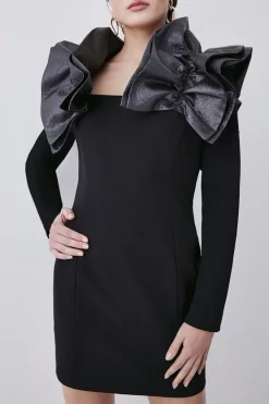 Cheap 🌟 Karen Millen Structured Crepe Jacquard Ruffle Shoulder Mini 👗 Dress - black 🌟 -Occasionwear Popular Store bkk07937 black xl 1