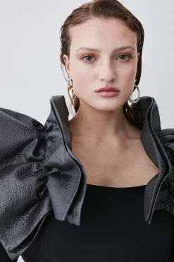 Cheap 🌟 Karen Millen Structured Crepe Jacquard Ruffle Shoulder Mini 👗 Dress - black 🌟 -Occasionwear Popular Store bkk07937 black xl 2