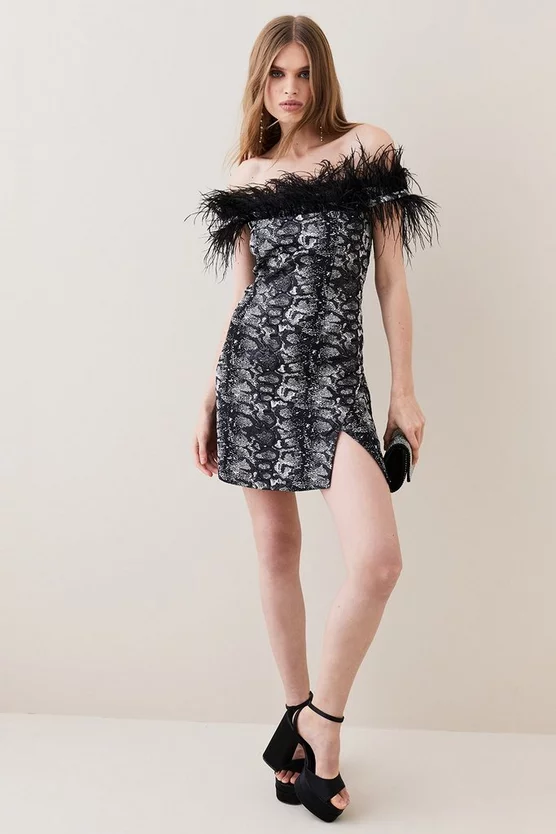 Buy ⌛ Karen Millen Snake Jacquard Feather Bardot Mini 👗 Dress 🥰 5 Buy ⌛ Karen Millen Snake Jacquard Feather Bardot Mini 👗 Dress 🥰 - Image 3