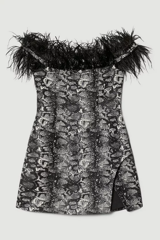 Buy ⌛ Karen Millen Snake Jacquard Feather Bardot Mini 👗 Dress 🥰 6 Buy ⌛ Karen Millen Snake Jacquard Feather Bardot Mini 👗 Dress 🥰 - Image 4