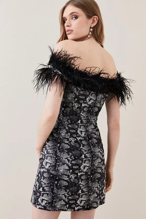 Buy ⌛ Karen Millen Snake Jacquard Feather Bardot Mini 👗 Dress 🥰 7 Buy ⌛ Karen Millen Snake Jacquard Feather Bardot Mini 👗 Dress 🥰 - Image 5