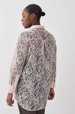 Best Sale 💯 Karen Millen Plus Size Italian Lace & Satin Tailored Longline 👕 Shirt - blush 💯 -Occasionwear Popular Store bkk07981 blush xl 2