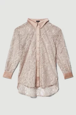 Best Sale 💯 Karen Millen Plus Size Italian Lace & Satin Tailored Longline 👕 Shirt - blush 💯 -Occasionwear Popular Store bkk07981 blush xl 3