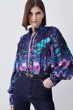 Hot Sale 🔔 Karen Millen Boarder Floral Print Satin Blouse - purple 🎉