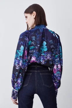 Hot Sale 🔔 Karen Millen Boarder Floral Print Satin Blouse - purple 🎉 -Occasionwear Popular Store bkk07983 purple xl 2