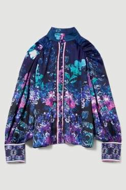 Hot Sale 🔔 Karen Millen Boarder Floral Print Satin Blouse - purple 🎉 -Occasionwear Popular Store bkk07983 purple xl 3