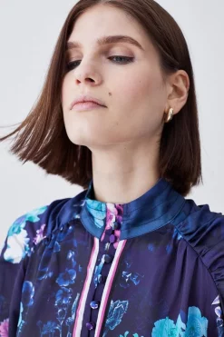 Hot Sale 🔔 Karen Millen Boarder Floral Print Satin Blouse - purple 🎉 -Occasionwear Popular Store bkk07983 purple xl 4