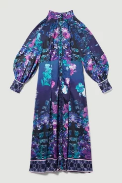 Best deal 🥰 Karen Millen Tall Boarder Floral Print Satin Woven Midi 👗 Dress - purple 🌟 -Occasionwear Popular Store bkk07988 purple xl 3
