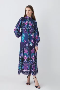 Best deal 🥰 Karen Millen Tall Boarder Floral Print Satin Woven Midi 👗 Dress - purple 🌟 -Occasionwear Popular Store bkk07988 purple xl 4