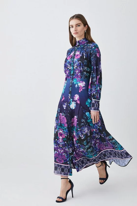 New 🔥 Karen Millen Boarder Floral Print Satin Woven Midi 👗 Dress - purple 😀 3 New 🔥 Karen Millen Boarder Floral Print Satin Woven Midi 👗 Dress - purple 😀