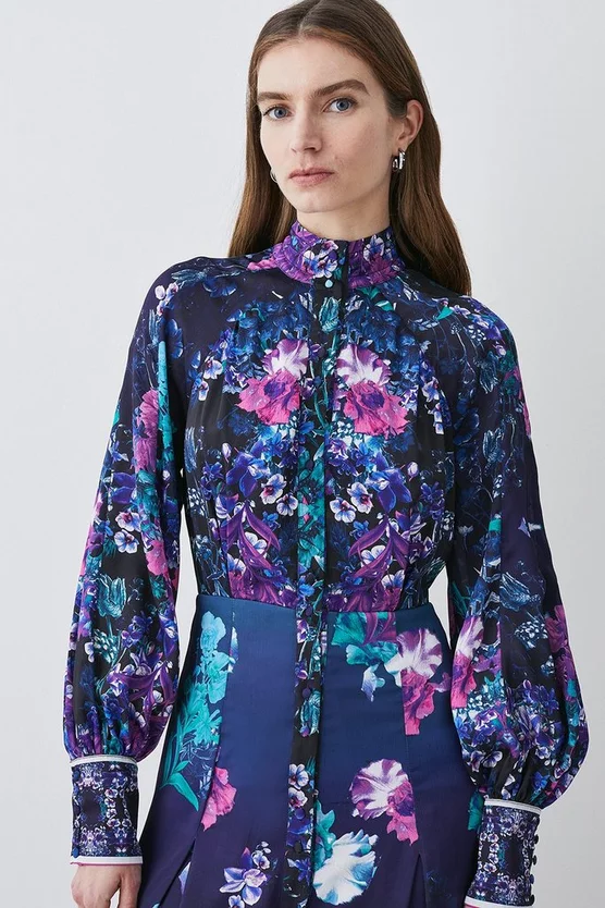 New 🔥 Karen Millen Boarder Floral Print Satin Woven Midi 👗 Dress - purple 😀 4 New 🔥 Karen Millen Boarder Floral Print Satin Woven Midi 👗 Dress - purple 😀 - Image 2