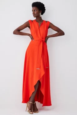 Deals ๐ Karen Millen Tall Compact Stretch Viscose Waterfall Midi ๐ Dress - red orange โค๏ธ