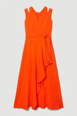 Deals 😀 Karen Millen Tall Compact Stretch Viscose Waterfall Midi 👗 Dress - red orange ❤️ -Occasionwear Popular Store bkk08006 red20orange xl 3