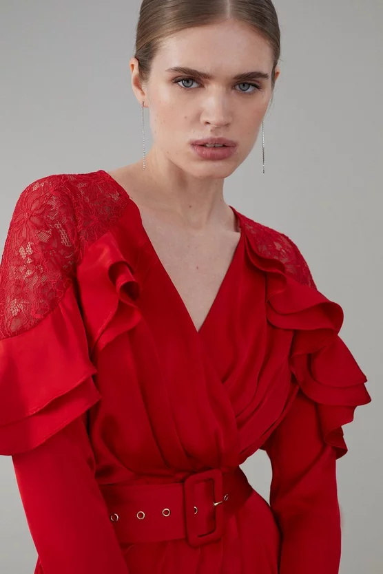 Top 10 😀 Karen Millen Satin And Lace Ruffle Woven Midaxi 👗 Dress - raspberry 🛒 4 Top 10 😀 Karen Millen Satin And Lace Ruffle Woven Midaxi 👗 Dress - raspberry 🛒 - Image 2