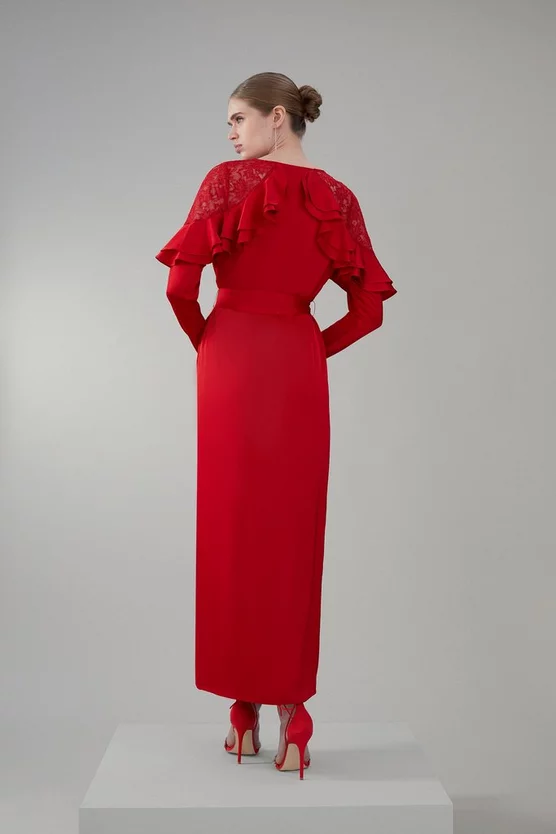 Top 10 😀 Karen Millen Satin And Lace Ruffle Woven Midaxi 👗 Dress - raspberry 🛒 5 Top 10 😀 Karen Millen Satin And Lace Ruffle Woven Midaxi 👗 Dress - raspberry 🛒 - Image 3
